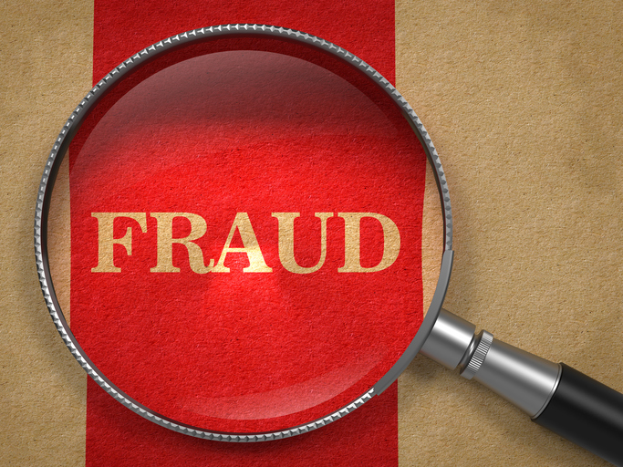 Fraud Concept. Magnifying Glass on Old Paper with Red Vertical Line Background.